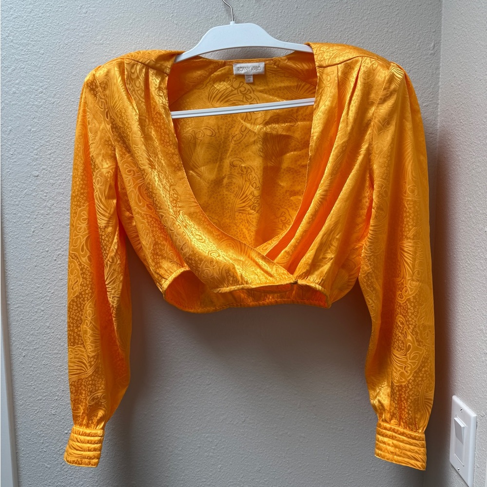 Ronny Kobo Wrap Lorie Satin Jacquard Long Sleeve Yellow Gold Blouse Top